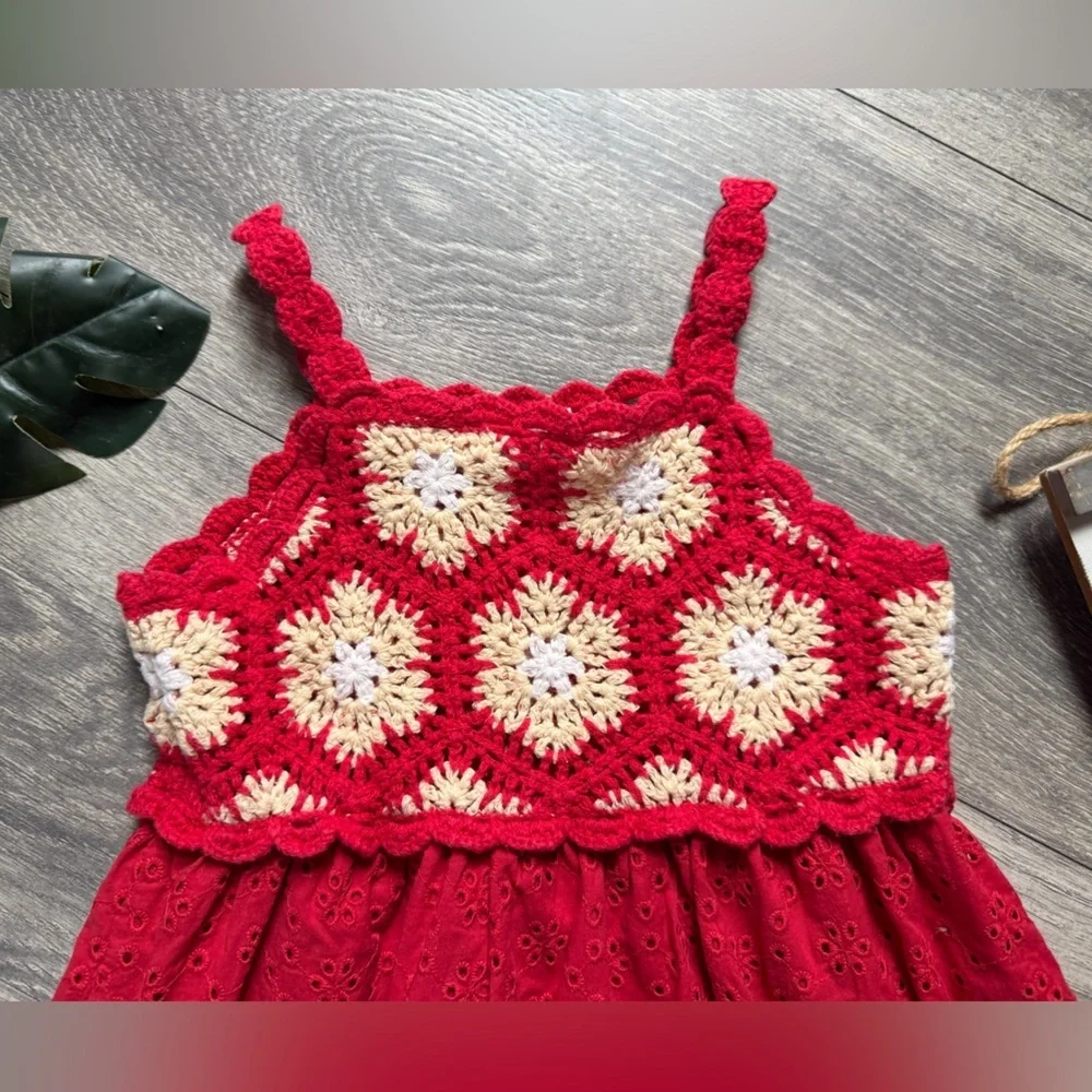 Zara Red Yellow and White Crochet and Eyelet Kids Dress. Size 1.5 Years